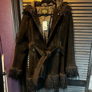 2013 Forever 21 Black Suede furry hooded coat.